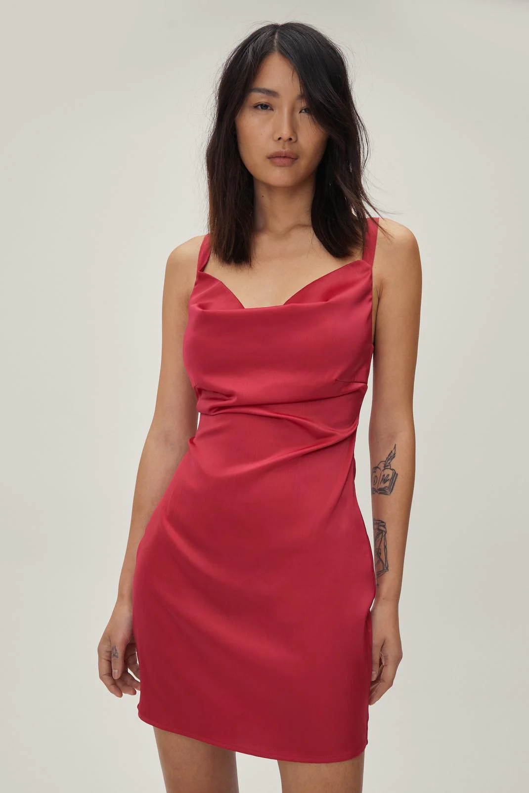 Cowl Satin Cross Back Slip Dress